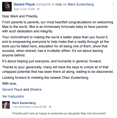 Shakira y Piqué felicitan al fundador de Facebook por su paternidad