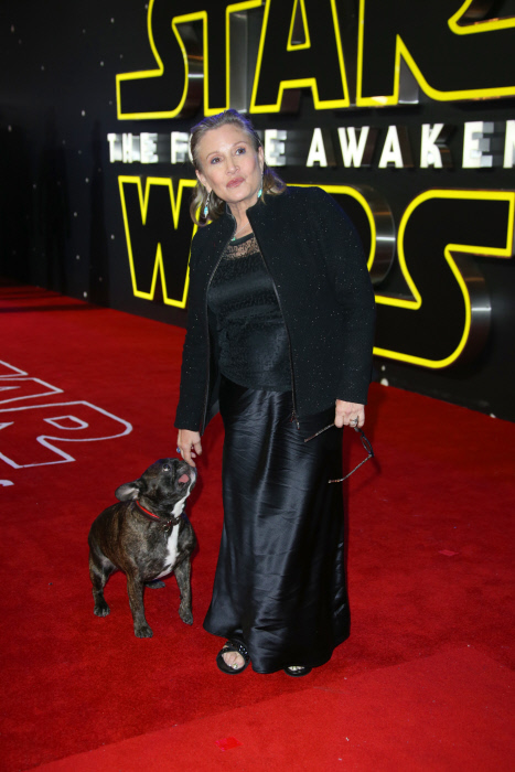 Carrie Fisher y su perrito, que la acompaña a todas partes, hasta en las entrevistas