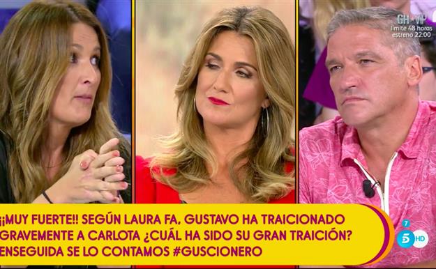 La feísima traición de la que Laura Fa acusa a Gustavo González en 'Sálvame' y que afecta a Carlota Corredera