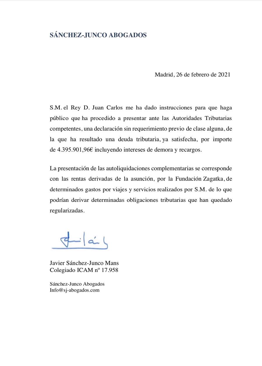 Rey Juan Carlos comunicado regularización