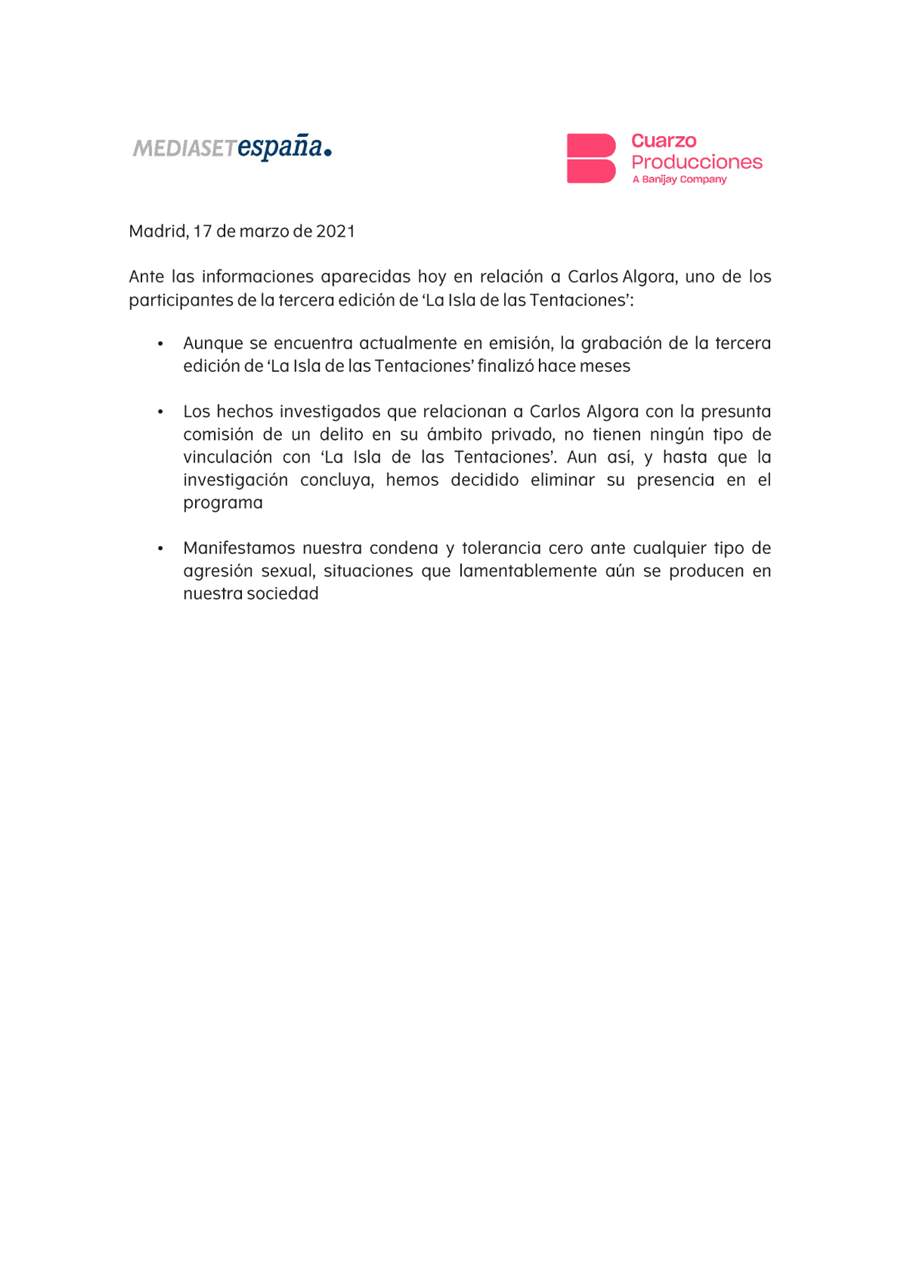 Comunicado de Mediaset tras la detención de Carlos Algora de 'La isla de las tentaciones'