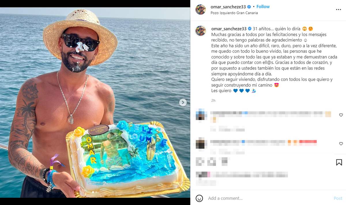 Omar Sánchez celebrando su cumpleaños con un mensaje en Instagram.