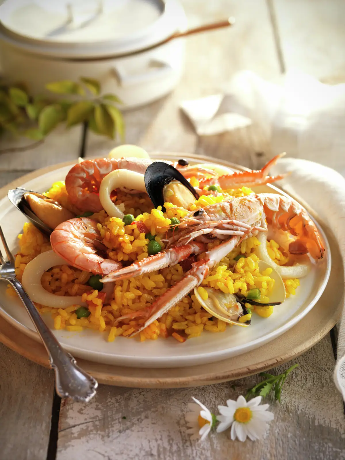 PAELLA MARINERA CON GAMBAS, CIGALAS Y MOLUSCOS.